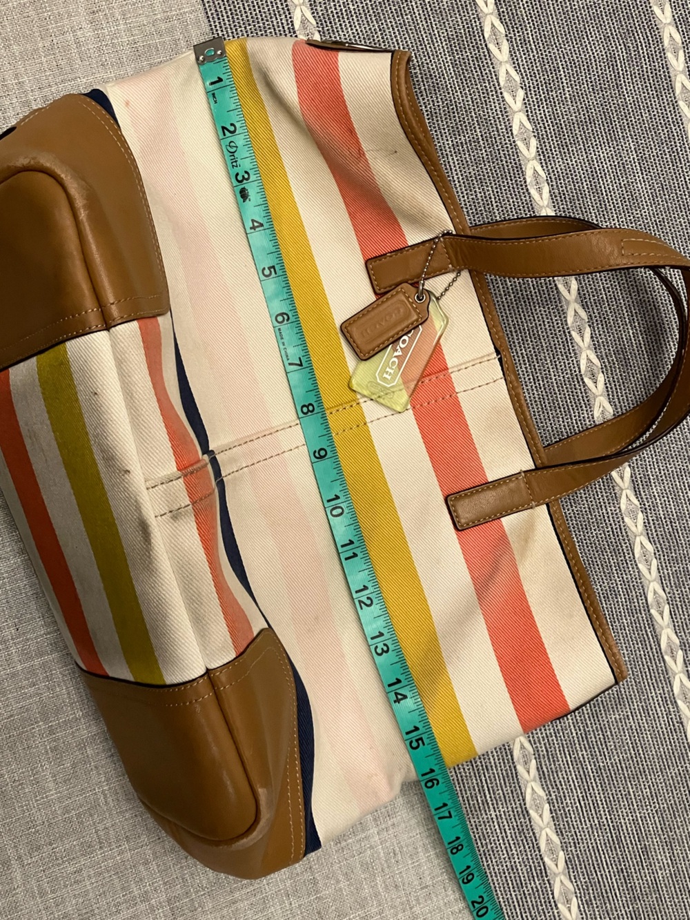 Coach Hadley Striped Canvas Tote with tan leather and signature hangtags - USED - Picture 7 of 14